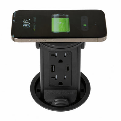 Lew PUR20ACQD-RBK Round Kitchen Pop Up Outlet 20A, USB-A/C, Qi, Black Plastic