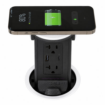 Lew PUR20ACQD-RWT Round Kitchen Pop Up Outlet 20A, USB-A/C, Qi, White Plastic