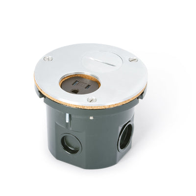 Flush Mounted Round Floor Box, One 15A Duplex, 2 Screw Plugs, Aluminum