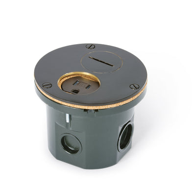 Flush Mount Round Floor Box, One 15A Duplex, Screw Plugs, Dark Bronze