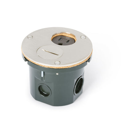Flush Mounted Round Floor Box, One 15A Duplex, 2 Screw Plugs, Nickel