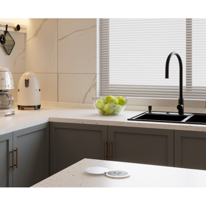 Kitchen Countertop Round Outlet, 15A, Black Body, Stainless Steel Lid