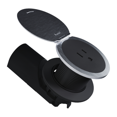 CP498TR15BK, Kitchen Countertop Round Outlet, 15A, Black Body, Stainless Steel Lid