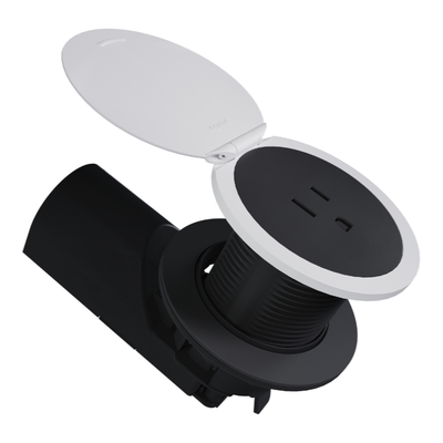 CP498TR15BK, Kitchen Countertop Round Outlet, 15A, Black Body, Matte White Lid