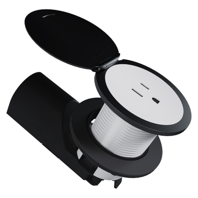 CP498TR15WT, Kitchen Countertop Round Outlet, 15A, White Body, Matte Black Lid