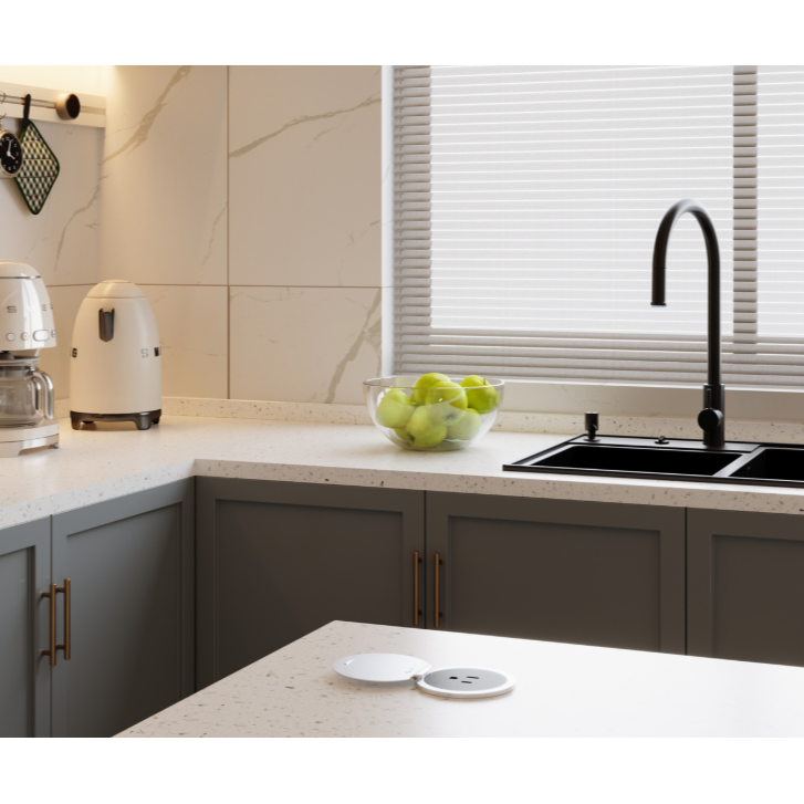 Kitchen Countertop Round Outlet, 20A, Black Body, Stainless Steel Lid