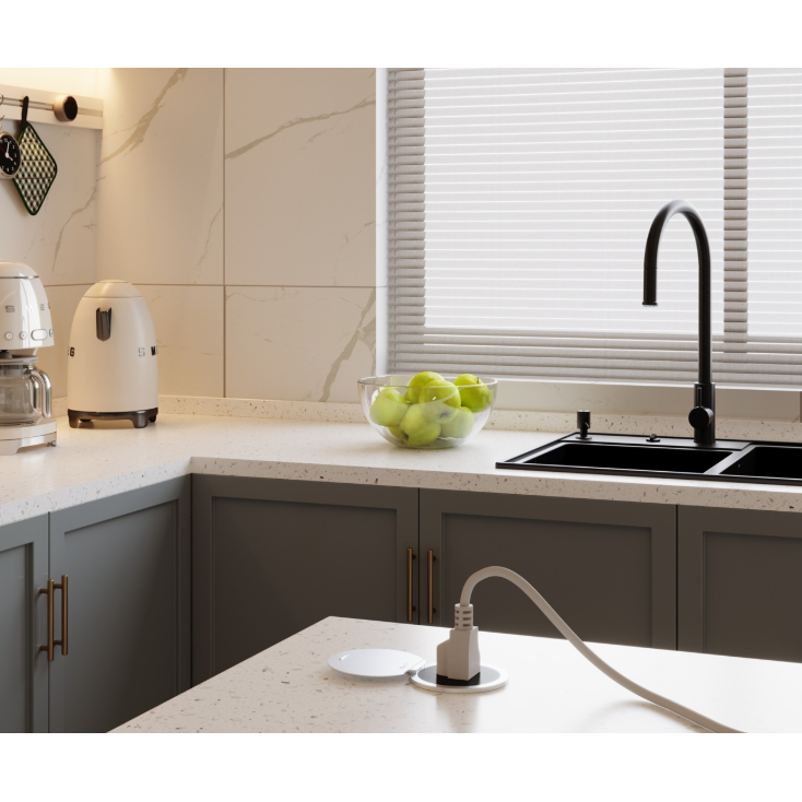 Kitchen Countertop Round Outlet, 20A, Black Body, Stainless Steel Lid