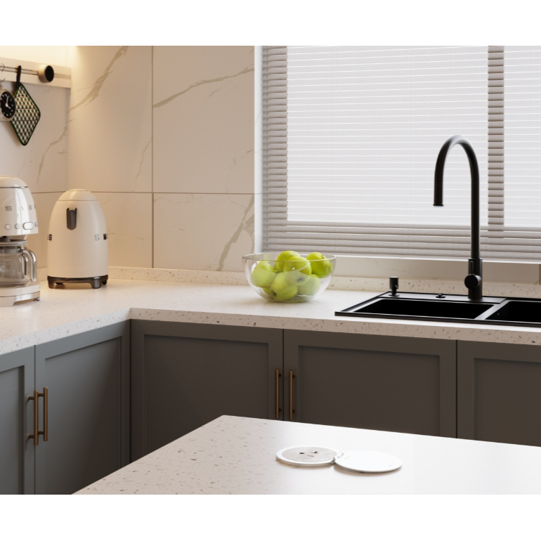 Kitchen Countertop Round Outlet, 20A, White Body, Stainless Steel Lid