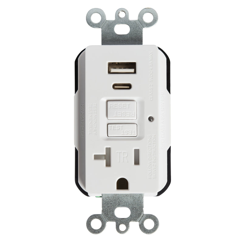 GFCI with USB-AC Charging Combo Outlet, Load Out, TR, 20A, White