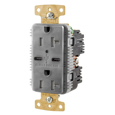 Hubbell USB20C5GYWR 20A Dual USB-C 5A Charging Outdoor WR Outlet, Gray