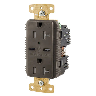 Hubbell USB20C5WR 20A Dual USB-C 5A Charging Outdoor WR Outlet, Brown