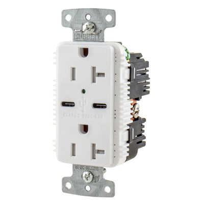 Hubbell USB20C5W Dual USB-C 5A Charging Outlet, 20A, TR, White