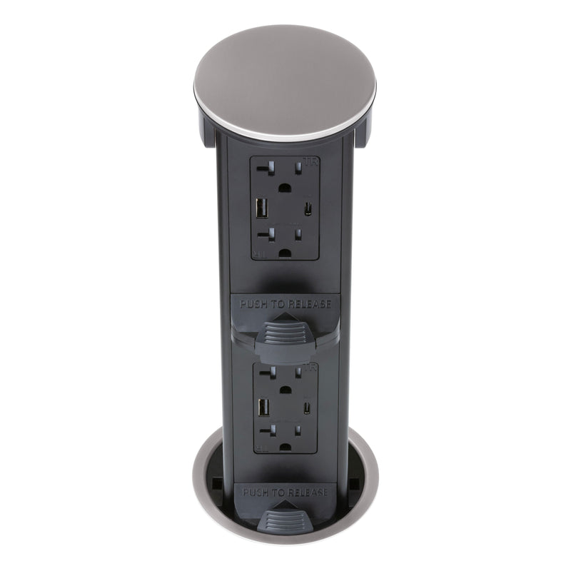 Lew PUR20AC2PD-SS Round Kitchen Pop Up Dual Outlet USB-A/C Charging, Stainless