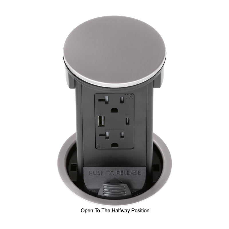 Lew PUR20AC2PD-SS Round Kitchen Pop Up Dual Outlet, USB-A/C Charging, Stainless