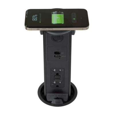Lew PUR20GACBTQD-BK Kitchen Round Pop Up GFCI, Speaker, USB-A/C, QI, Black Glass