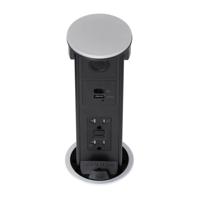Lew PUR20GACBTQD-RSS Kitchen Pop Up GFCI, Speaker, USB-A/C Qi, Stainless Plastic