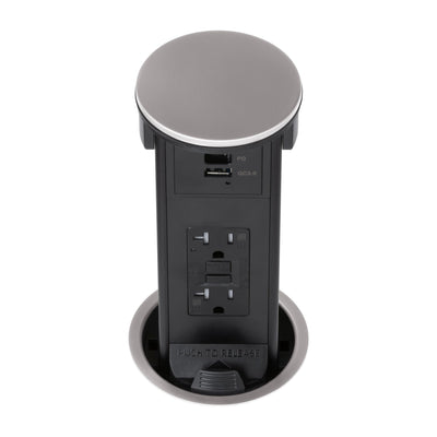 Lew PUR20GACD-SS Round Kitchen Pop Up GFCI Outlet USB-A/C Charging Stainless
