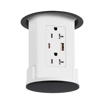 Under Cabinet Hidden Pop Down Charging USB A/C White Body, Black Top