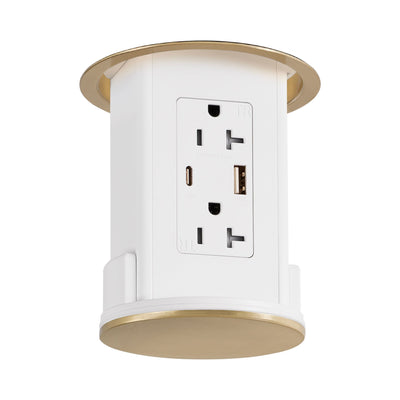 Under Cabinet Hidden Pop Down Charging USB A/C White Body Brass Top
