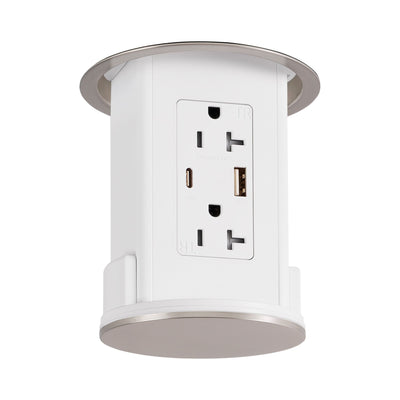 Under Cabinet Hidden Pop Down Charging USB A/C White Body, Nickel Top