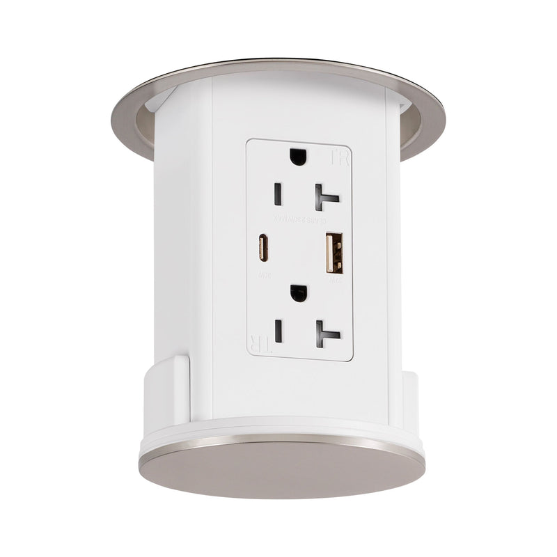 Under Cabinet Hidden Pop Down Charging USB A/C White Body, Nickel Top