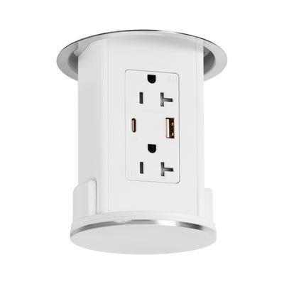 Under Cabinet Hidden Pop Down Charging USB A/C White Body Stainless Top