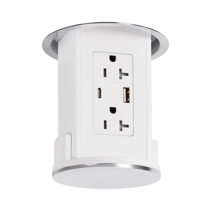 Under Cabinet Hidden Pop Down Charging USB A/C White Body Stainless Top