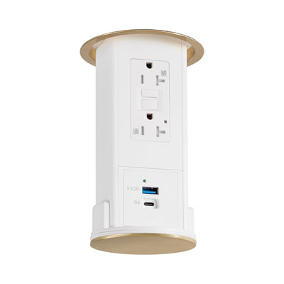 Under Cabinet Pop Down, GFI, USB A/C, White Body, Brass Top