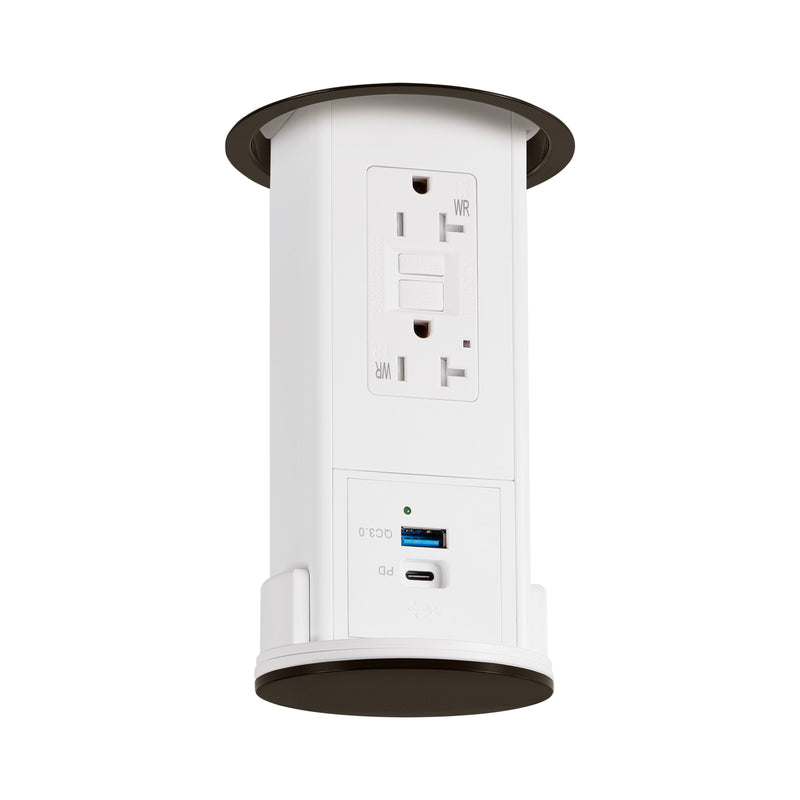 Under Cabinet Pop Down, GFI, USB A/C, White Body, Dark Bronze Top