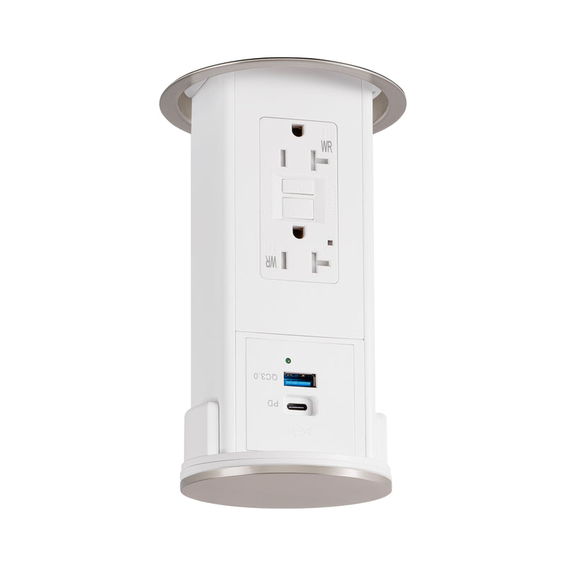 Under Cabinet Pop Down, GFI, USB A/C, White Body, Nickel Top