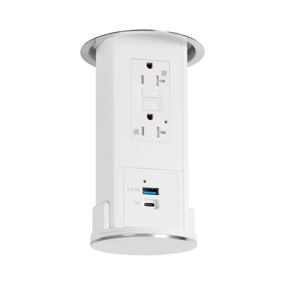 Under Cabinet Pop Down, GFI, USB A/C, White Body, Stainless Steel Top