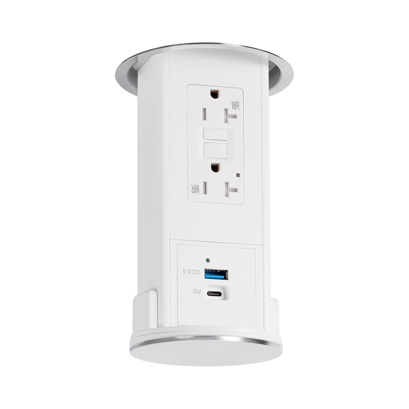 Under Cabinet Pop Down, GFI, USB A/C, White Body, Stainless Steel Top