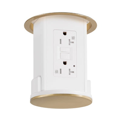 Under Cabinet Pop Down Power Outlet, GFCI, White Body, Brass Top