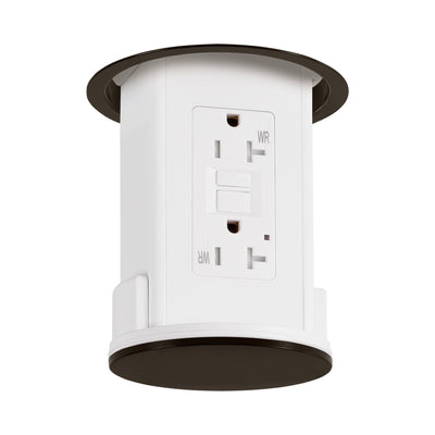 Under Cabinet Pop Down Power Outlet, GFCI, White Body, Bronze Top