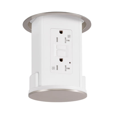 Under Cabinet Pop Down Power Outlet, GFCI, White Body, Stainless Steel Top