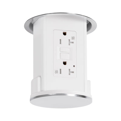 Under Cabinet Pop Down Power Outlet, GFCI, White Body, Stainless Steel Top