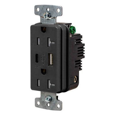 Hubbell USB20ACBK USB-C and USB-A 3.1A Charging Outlet, 20A, TR, Black
