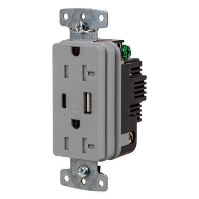 Hubbell USB20ACGY USB-C and USB-A 3.1A Charging Outlet, 20A, TR, Gray