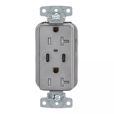 Hubbell USB20CPDGY 55W Dual USB-C PD Charging, 20A Outlet, Gray