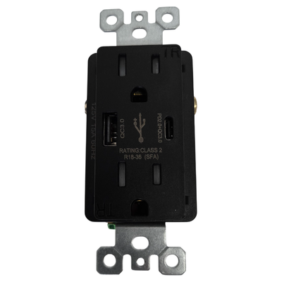 20W USB-C, 18W USB-A Charging 15A Wall Outlet, TR, Black