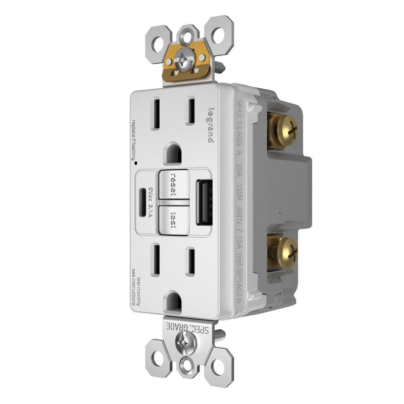 1597TRUSBACW GFCI with USB-AC Charging Combo Outlet, Tamper Resistant, 15A, White, Right Side