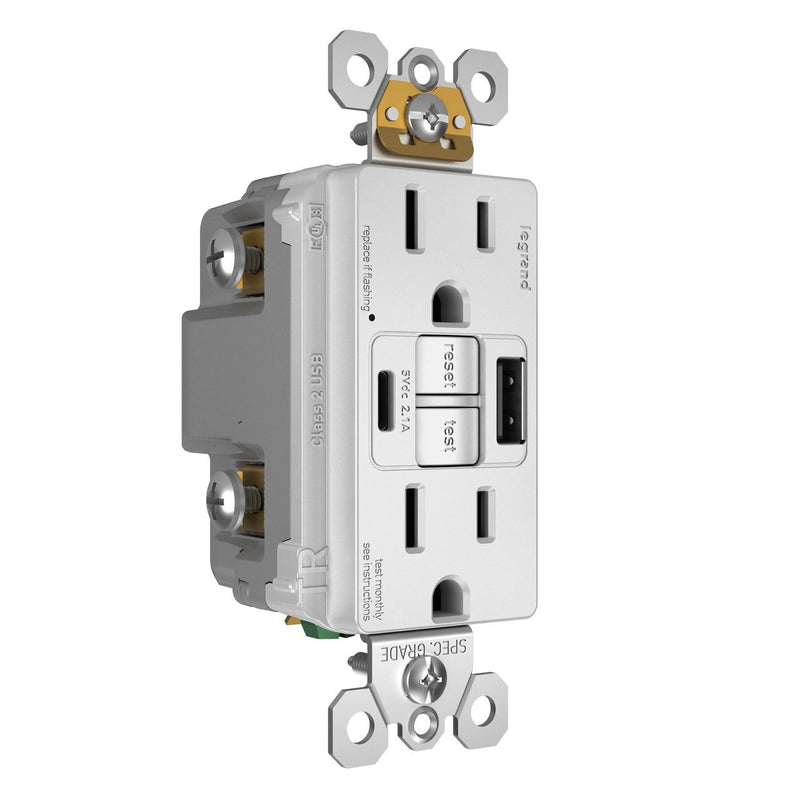 1597TRUSBACW GFCI with USB-AC Charging Combo Outlet, Tamper Resistant, 15A, White, Left Side