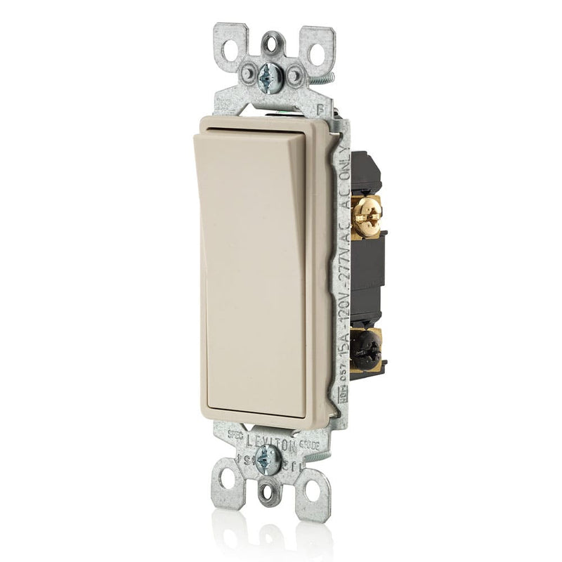 Leviton 5603-2W 15 Amp Decora Rocker 3-Way Quite Light Switch, Light Almond, Side View