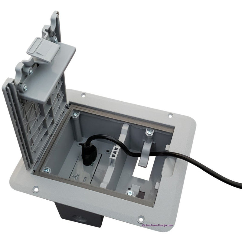 Outdoor Weatherproof Deck Outlet Box, 20A Power, Decora, Gray, Open Showing Cord Coming Out