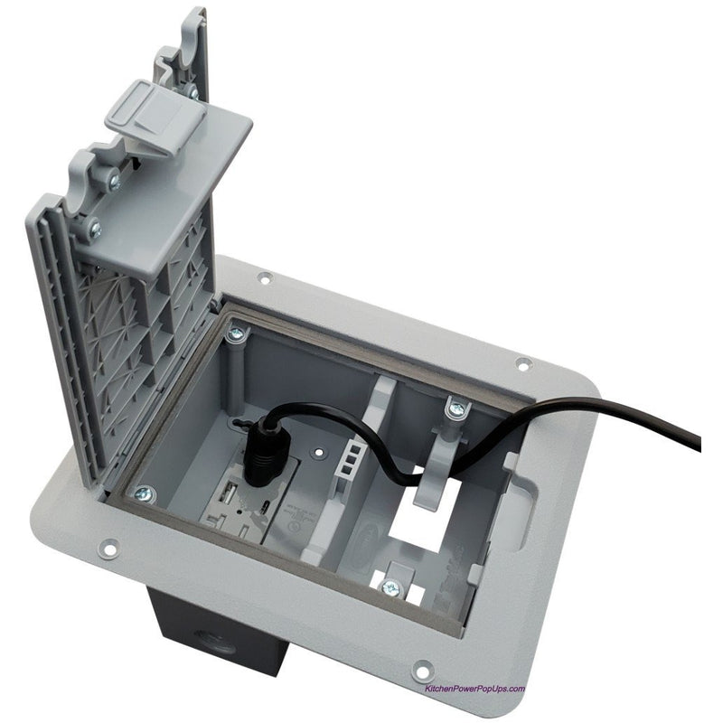 Outdoor Weatherproof Deck Outlet Box, 20A Power, USB Charging, Gray, Open Showing Cord Coming Out