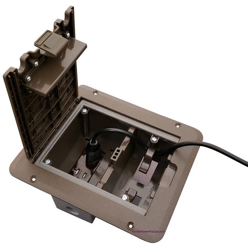 Deck Outlet Box, Brown, 20A Power Decora, Open Showing Cord Coming Out