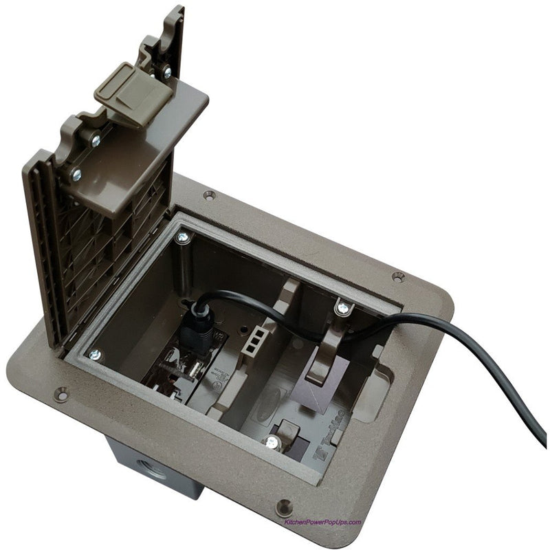 Deck Outlet Box, Brown, USB Charging, Open Showing Cord Coming Out