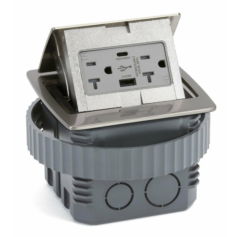 Kitchen Counter Pop Up Outlet Charging USB A/C Ports, Stainless Steel, Showing Entire Unit
