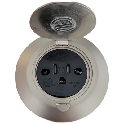 Single Receptacle Round Floor Box, Brushed Nickel, Black Outlet