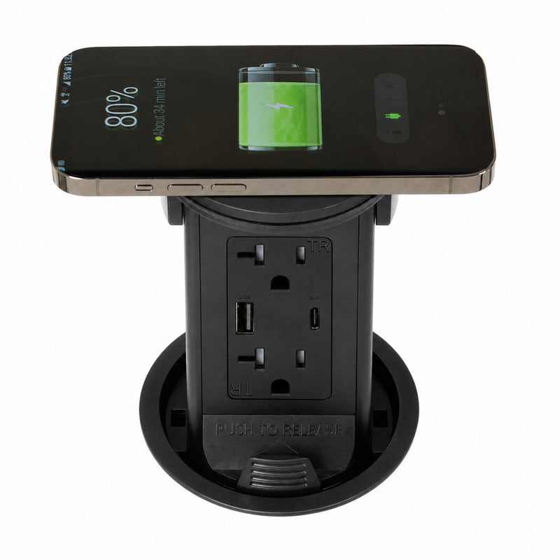 Lew PUR20ACQD-RBK Round Kitchen Pop Up Outlet 20A, USB-A/C, Qi, Black Plastic
